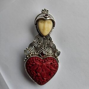 Sajen Sterling Silver Carved Red Cinnabar Heart Convertible Brooch Pendant